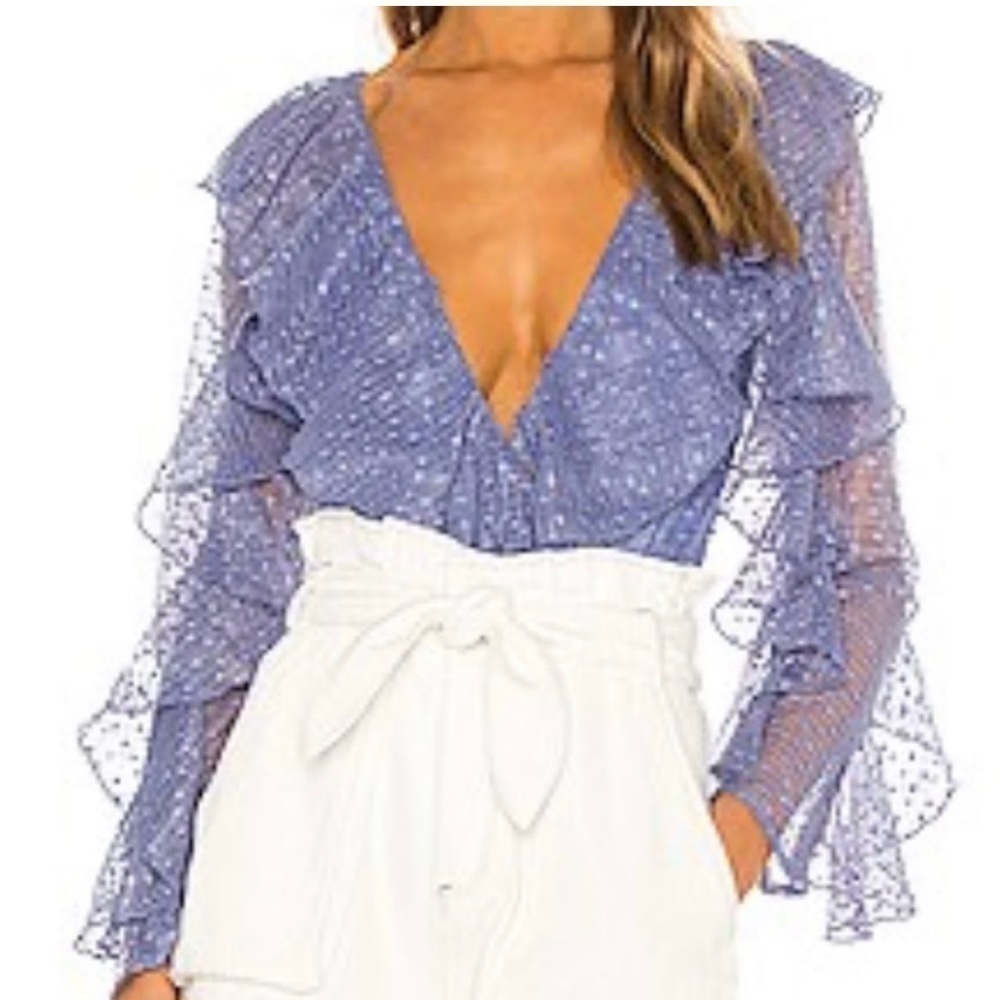 Tularosa Revolve Ruffle Sheer Blue Polka Dot Bodysuit XS